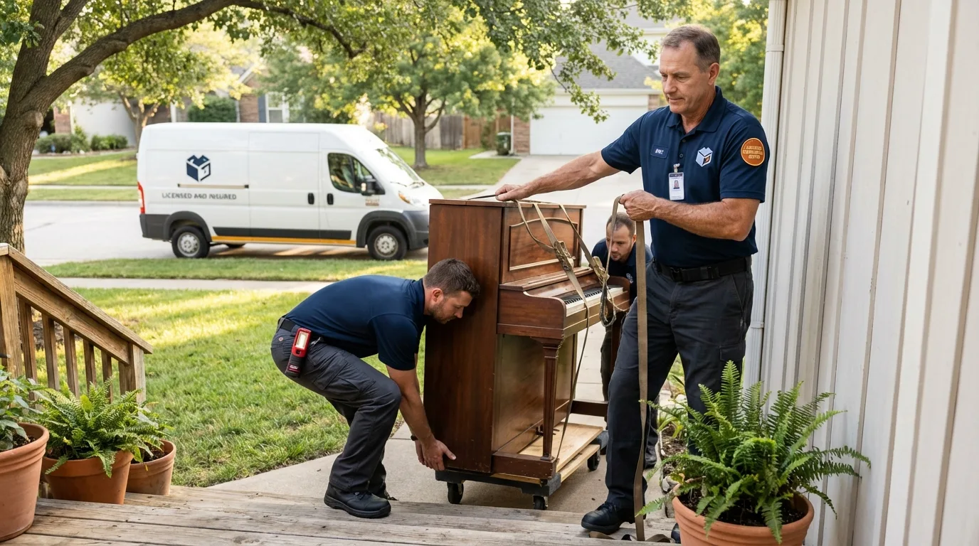 Licensed piano movers securing grand piano in Buckeye Lake, OH