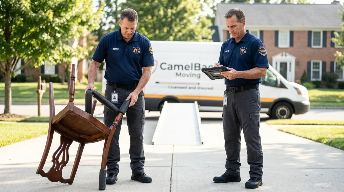 Movers inspecting furniture for damage prevention before loading in Buckeye Lake, OH