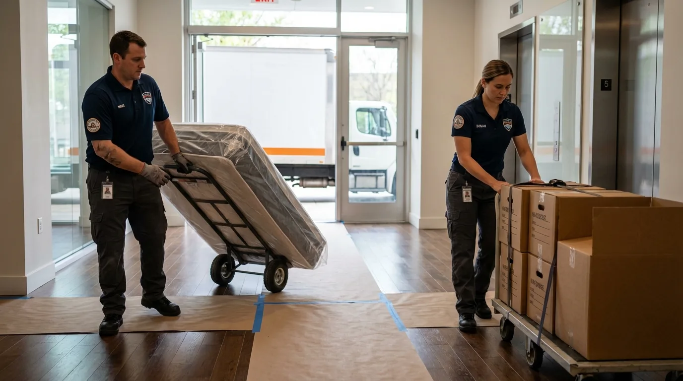 Professional apartment movers loading elevator in Buckeye Lake, OH